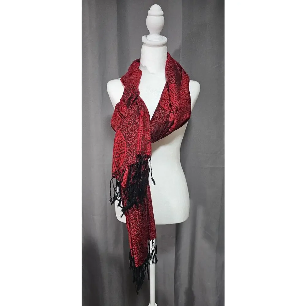 Pashmina Silk Scarf Shawl Red Black Oriental Pattern Fringe Ends